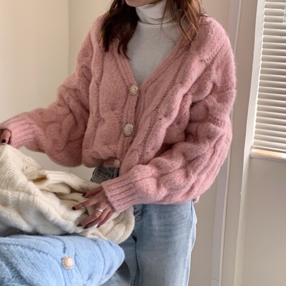 Cardigan sweater cable knit pink cream white womens button long sle… - Picture 10 of 16